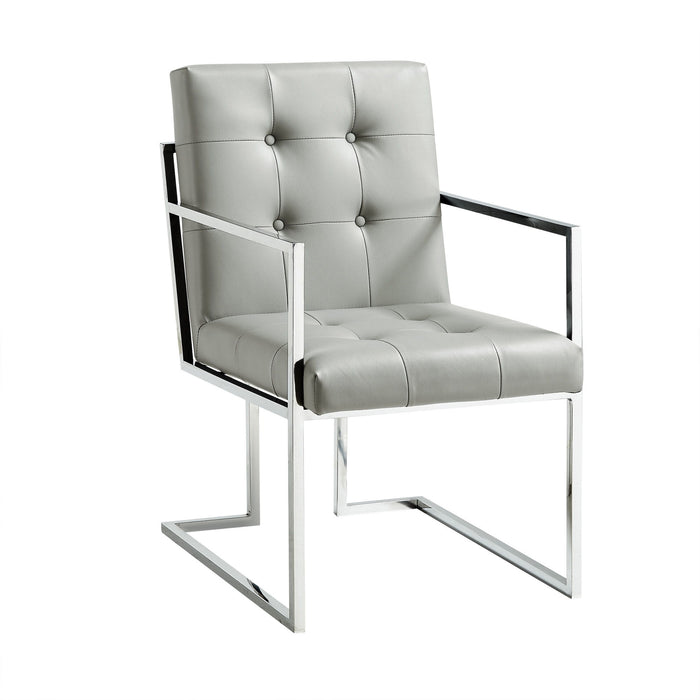 Tufted And Metallic Upholstered Faux Leather Dining Arm Chairs (Set of 2) - Light Gray