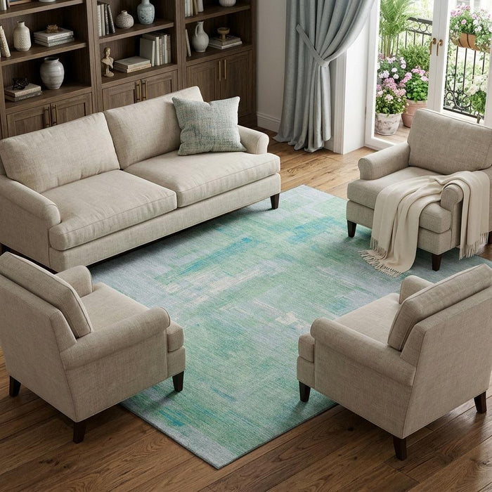 10' X 14' Abstract Washable Area Rug With UV Protection (693102) - Sky Blue / Ivory / Teal