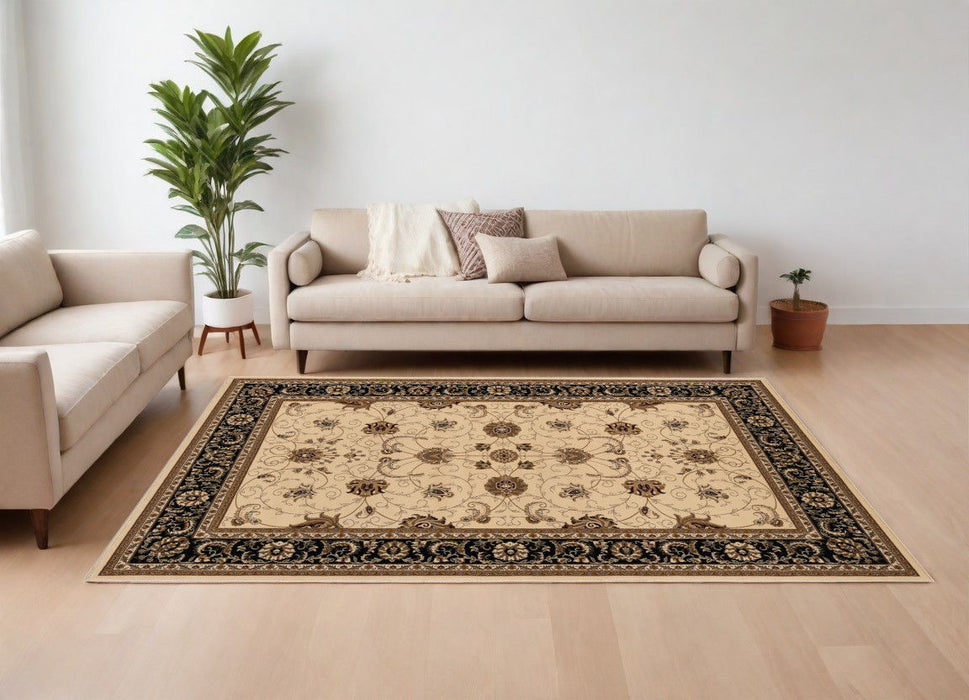 8' x 11' Oriental Power Loom Area Rug - Black And Ivory