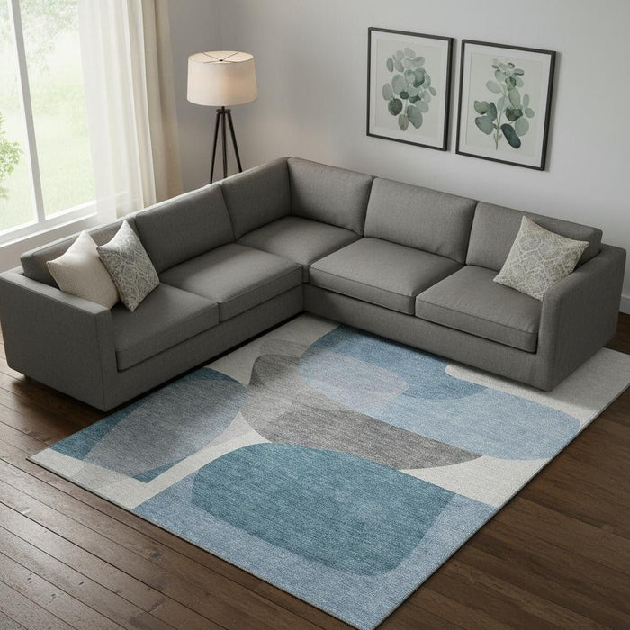 10' X 14' Abstract Washable Area Rug With UV Protection (718538) - Denim Blue / Gray
