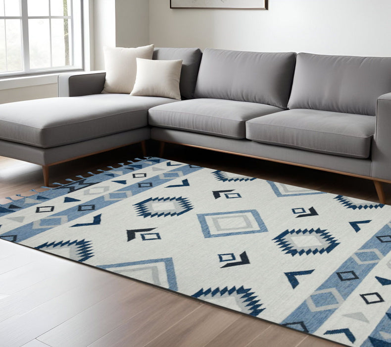 8' X 10' Wool Tribal Flatweave Handmade Area Rug With Fringe - Sky Blue