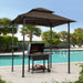 Giga outdoor grill gazebo with double-tier soft top canopy, steel frame, bar counters, and hooks for outdoor cooking and shade.