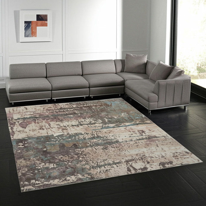 8' X 10' Abstract Distressed Area Rug - Ivory And Purple