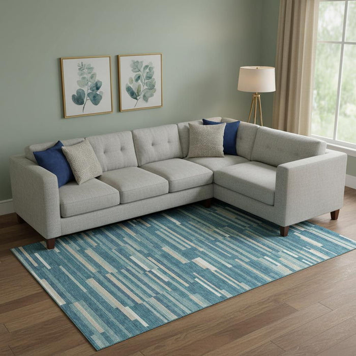 10' X 14' Striped Washable Area Rug With UV Protection (671114) - Teal / Ivory / Gray
