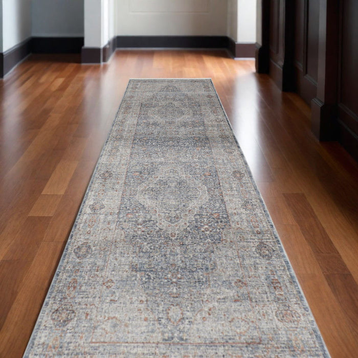 10' Oriental Power Loom Runner Rug With Fringe - Gray Blue And Red