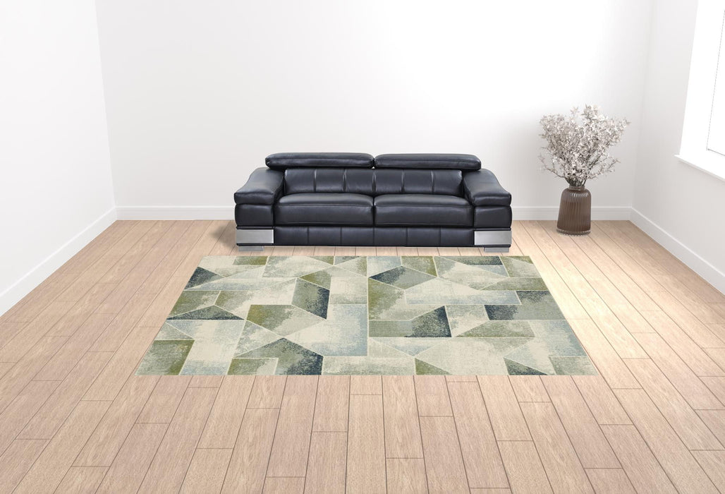 10' x 13' Geometric Power Loom Stain Resistant Area Rug - Blue Green Gray Gold And Ivory