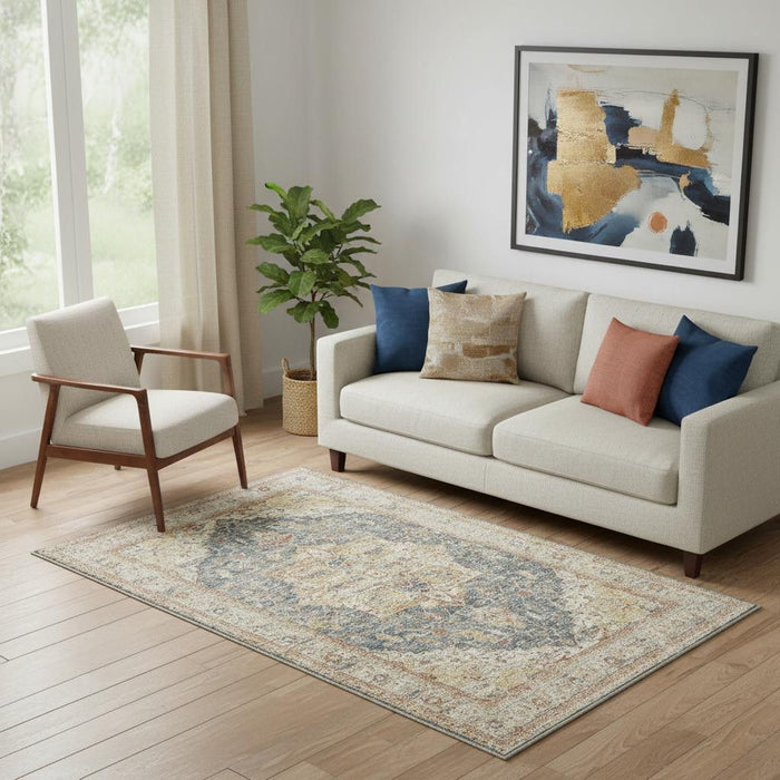 5' X 8' Floral Distressed Area Rug (550336) - Ivory / Blue
