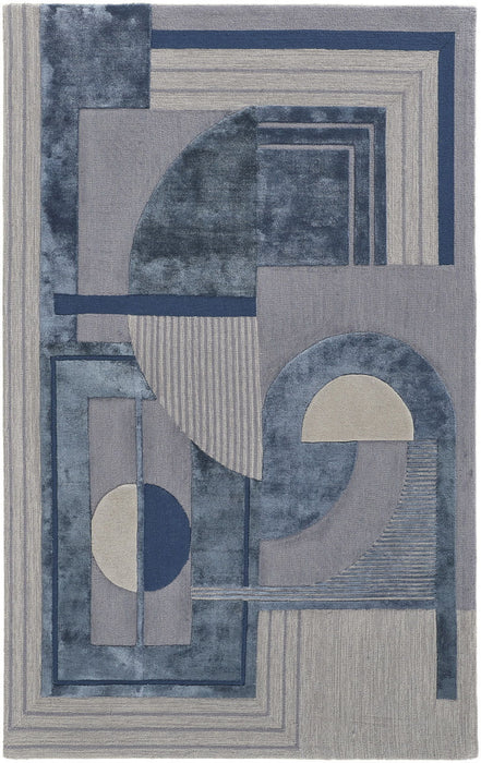 5' x 8' Wool Striped Tufted Handmade Area Rug - Blue Ivory And Gray