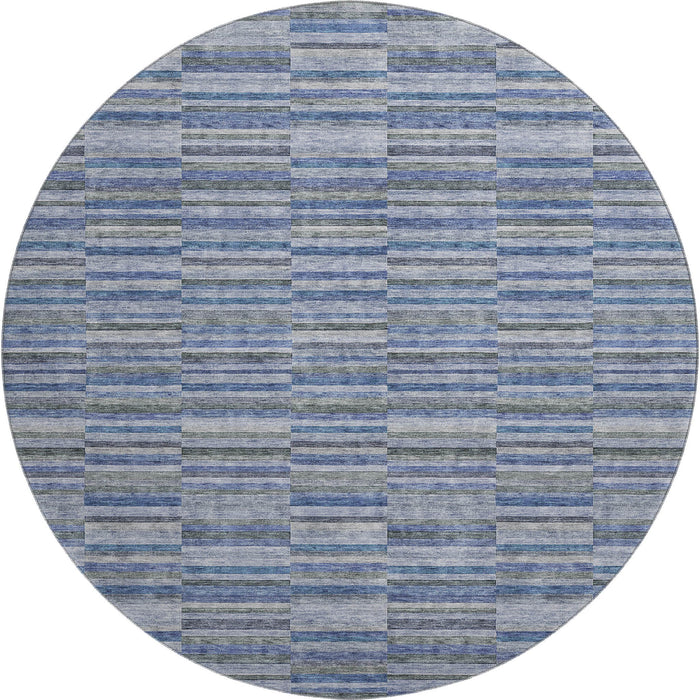 8' Transitional Striped Washable Round Rug With UV Protection - Navy Blue / Gray