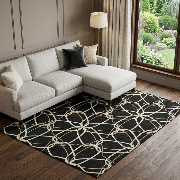 10' X 14' Geometric Washable Area Rug With UV Protection (675492) - Black / Ivory / Gold