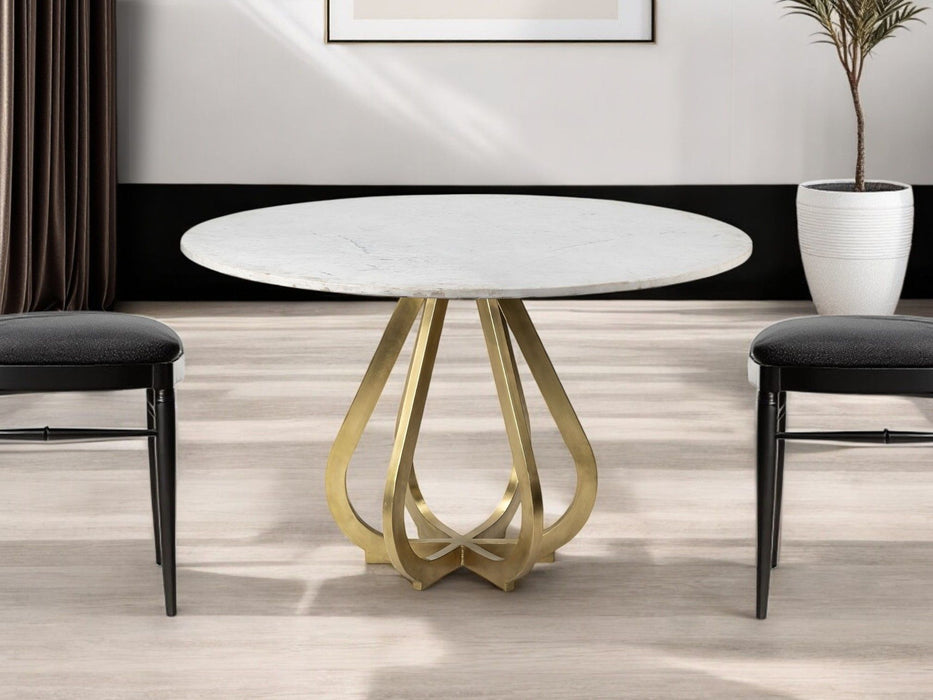 48" Rounded Marble And Metal Pedestal Base Dining Table - Gold