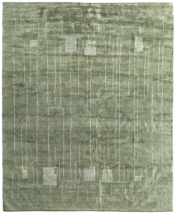 8' X 10' Abstract Hand Knotted Area Rug - Green And Ivory