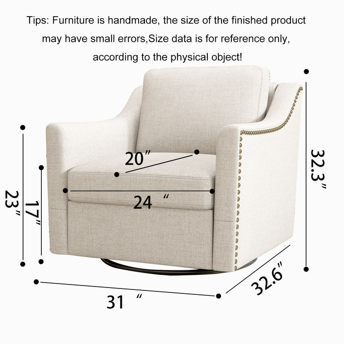 Giga 360-degree swivel armchair with skin-friendly fabric, ergonomic design, and brass nail decorative accents.