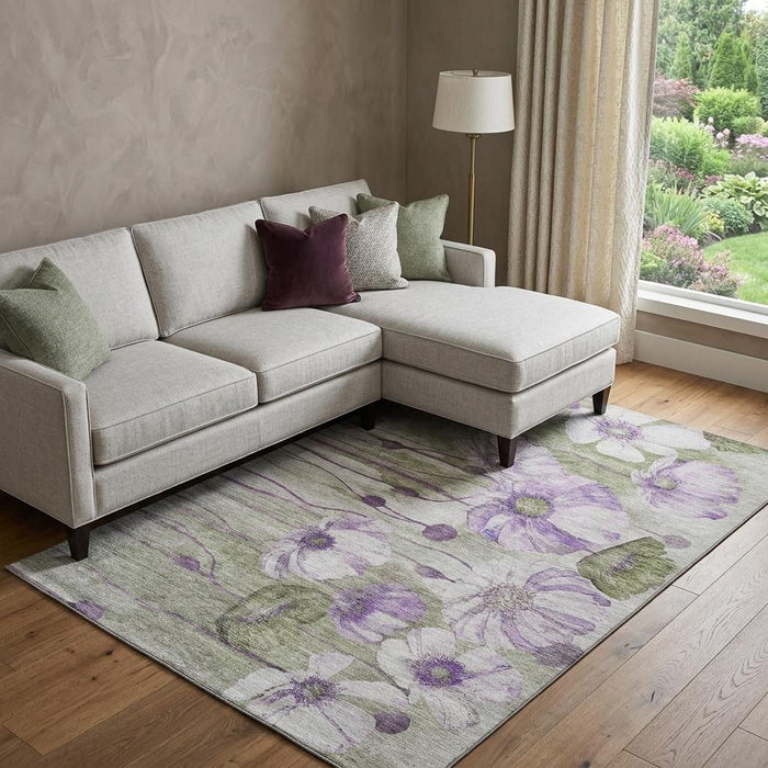 9' X 12' Floral Washable Area Rug With UV Protection (657316) - Purple / Green / Ivory