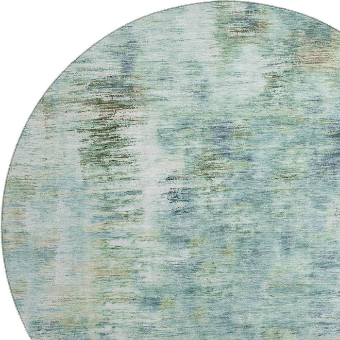 8' Abstract Washable Round Rug With UV Protection - Teal / Ivory