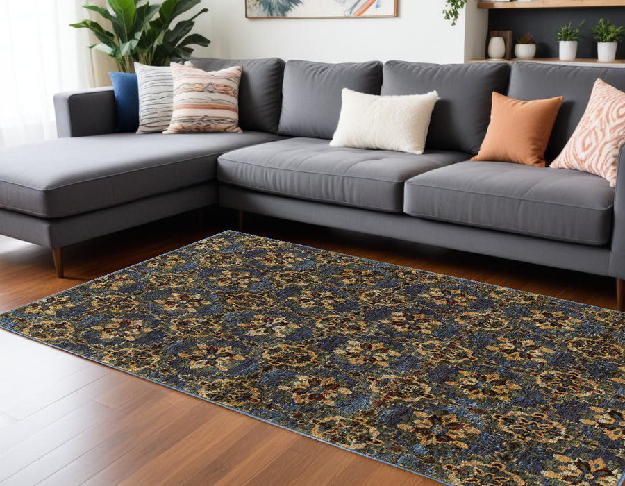 9' x 12' Oriental Power Loom Area Rug - Blue And Gold