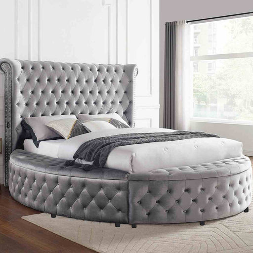 Giga Glam Button Tufted Wingback Round Upholstered Bed with storage drawers and built-in USB ports, beige fabric finish.
