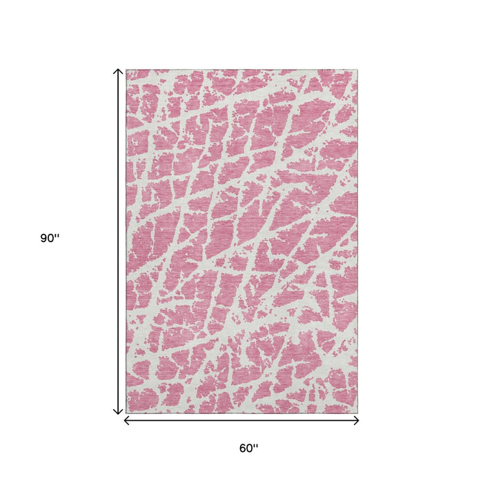 5' X 8' Abstract Washable Area Rug With UV Protection (646574) - Pink / Ivory