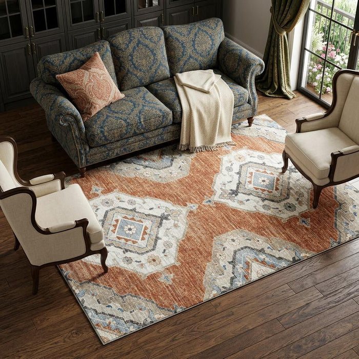 9' X 12' Tribal Distressed Washable Area Rug With UV Protection (644185) - Terra Cotta / Ivory / Blue