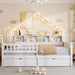 Giga house style platform storage bed with LED lights, built-in shelves, drawers, and guardrail in a modern bedroom setting.