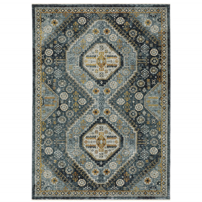7' x 10' Oriental Power Loom Area Rug With Fringe - Blue And Ivory