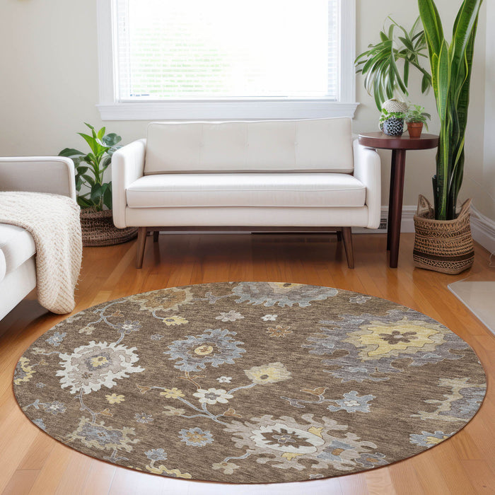 8' Floral Medallion Washable Round Rug With UV Protection - Chocolate