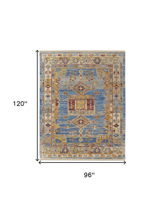 8' x 10' Wool Geometric Hand Knotted Area Rug With Fringe - Blue Red And Yellow