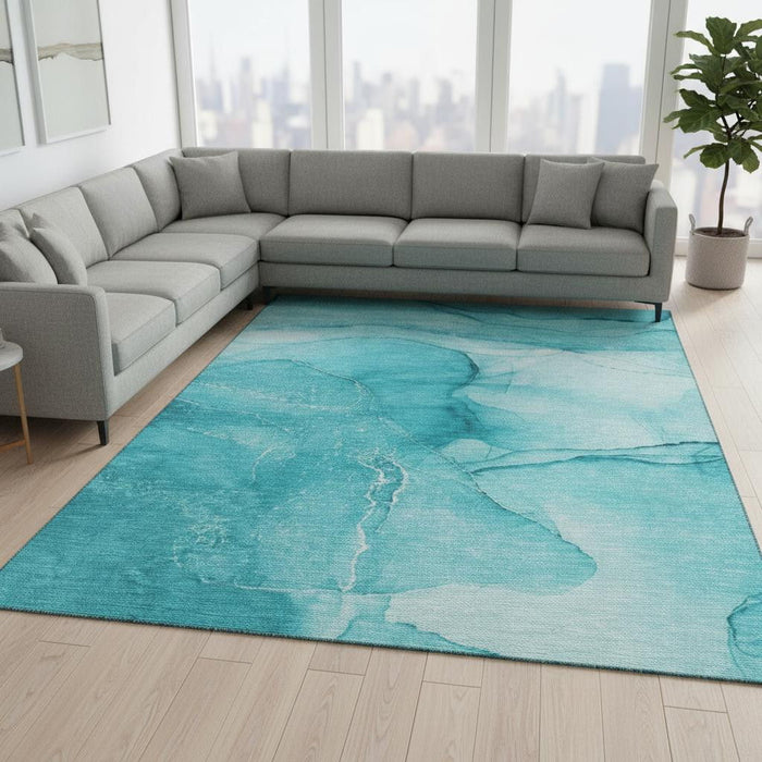 10' X 14' Abstract Washable Area Rug With UV Protection (646888) - Teal / Ivory