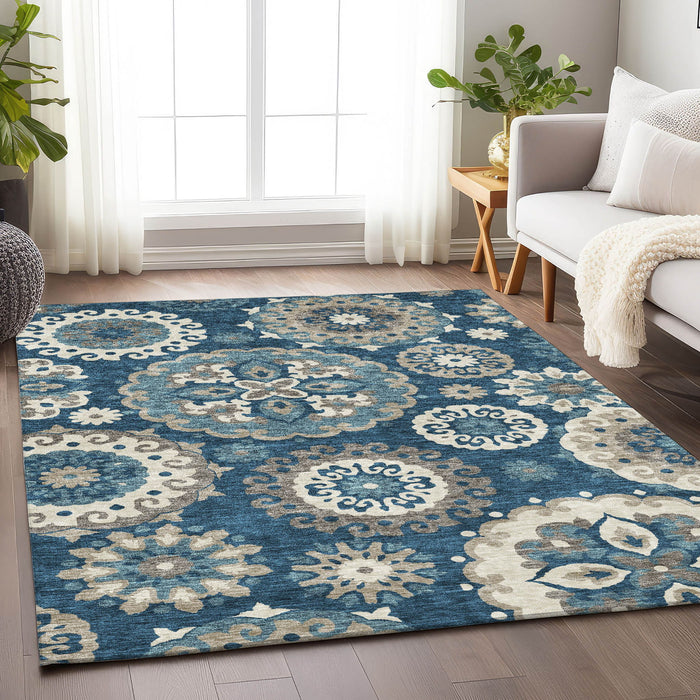 10' X 14' Medallion Washable Area Rug With UV Protection - Blue And Beige