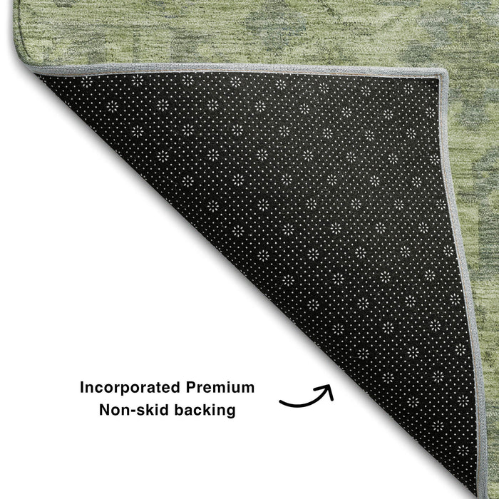 10' X 14' Damask Washable Area Rug With UV Protection (684388) - Artichoke Green / Gray