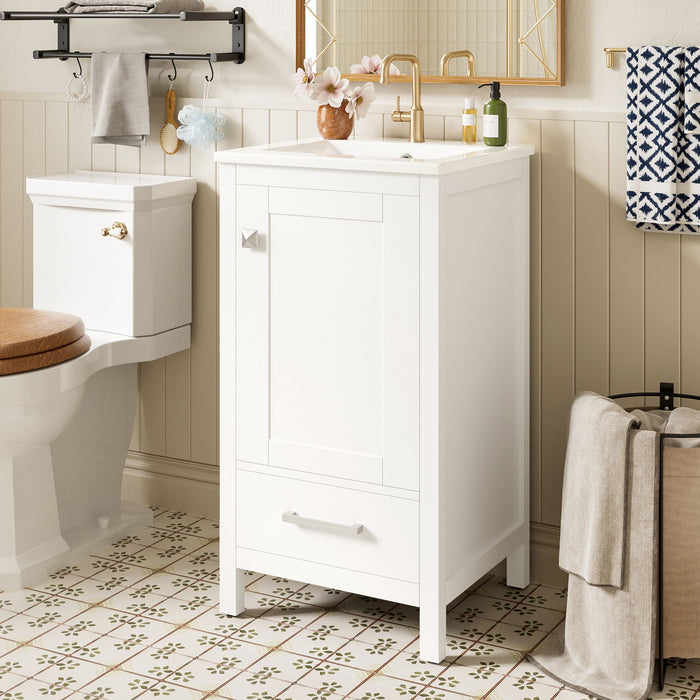 Giga bathroom vanity with ceramic sink, soft-close drawers, door organizer, divider drawer, and adjustable foot pads.