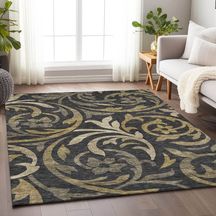 10' X 14' Floral Washable Area Rug With UV Protection - Black