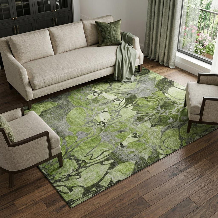 9' X 12' Abstract Distressed Washable Area Rug With UV Protection (648981) - Fern Green / Gray