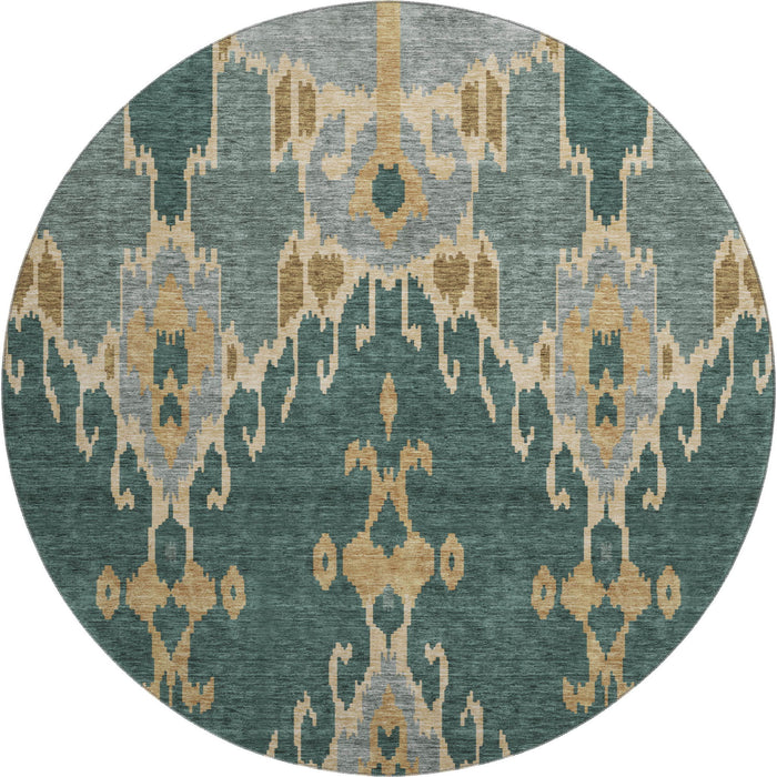 8' Ikat Washable Round Rug With UV Protection - Emerald