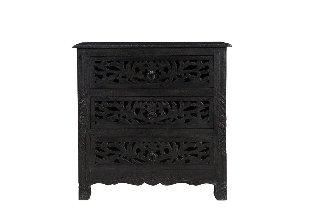 Three Drawer Floral Carved Solid Wood Nightstand - Distressed Black