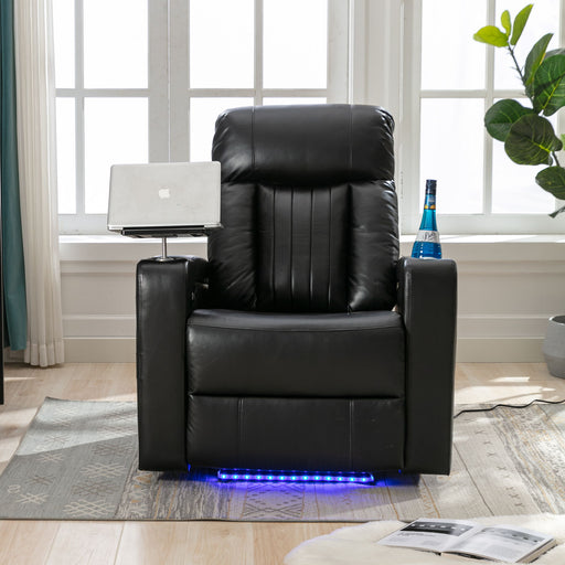 Giga black swivel chair with power recliner, storage arms, cupholders, tray table, and cell phone stand, featuring a modern design.