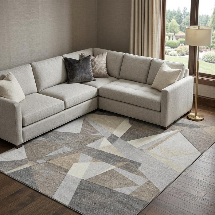 10' X 14' Geometric Washable Area Rug With UV Protection (694767) - Taupe / Ivory / Gray