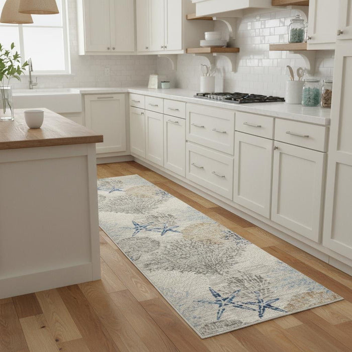 8' Seashell Non Skid Runner Rug (552904) - Ivory / Blue / Gray