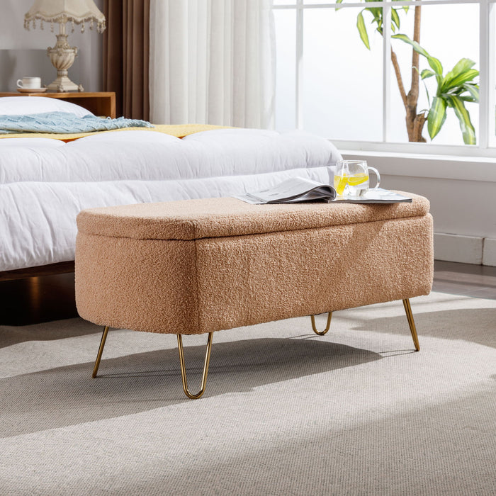 Giga storage ottoman bench with padded camel faux fur upholstery, ideal for bedroom or living room entryway with built-in storage.
