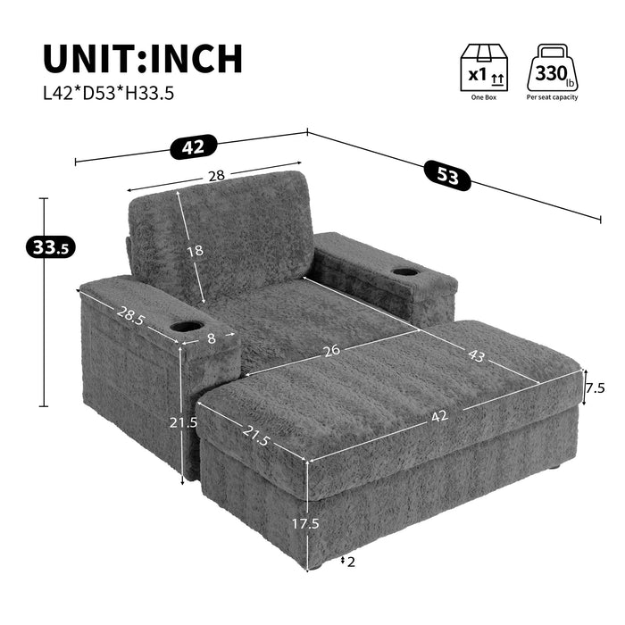 Giga oversized stationary chaise lounge with rabbit fur upholstery, storage ottoman, armrests, cup holders, and deep seat for indoor comfort.