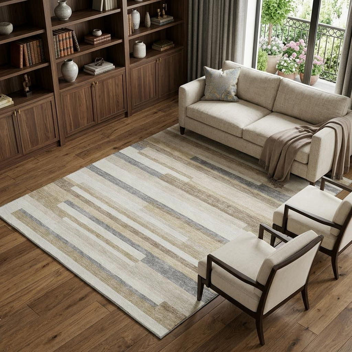 10' X 14' Striped Washable Area Rug With UV Protection (675786) - Ivory / Gray / Beige