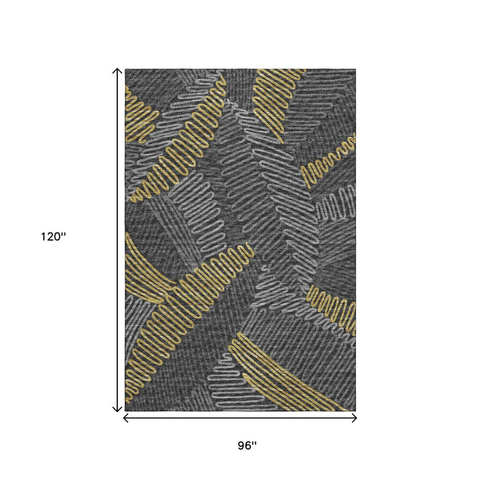 8' X 10' Botanical Leaves Washable Area Rug With UV Protection (645010) - Gray / Gold / Black