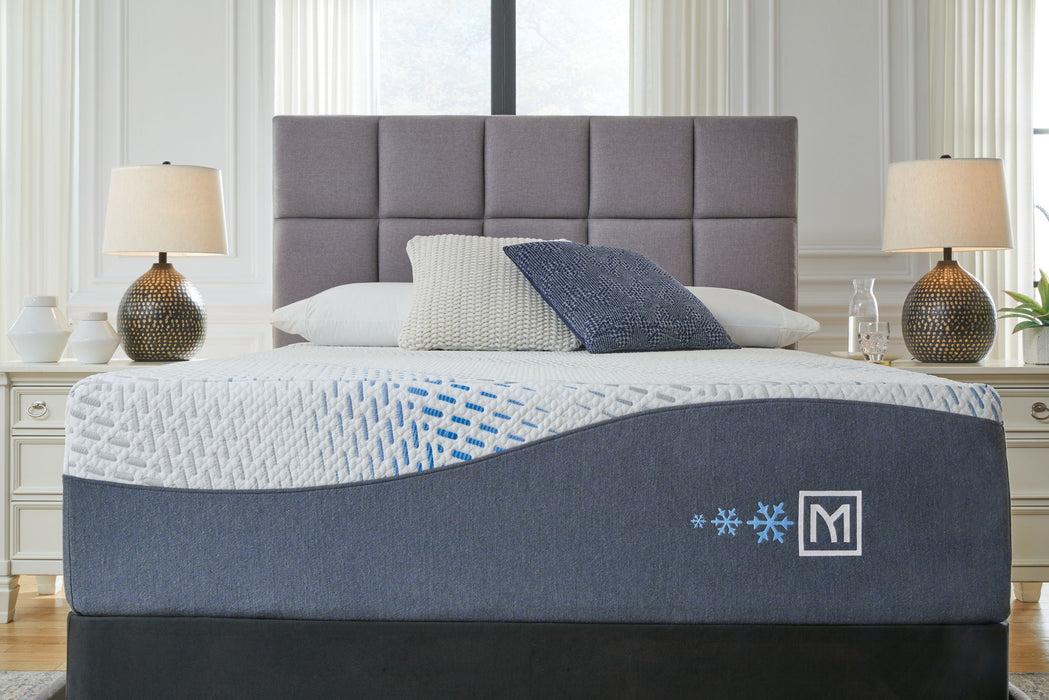 Ashley Furniture Millennium luxury plush gel latex hybrid mattress with matching foundation, showing the mattress and foundation setup.