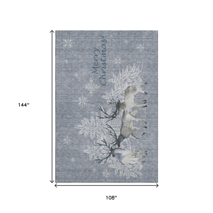 9' X 12' Christmas Deer Washable Area Rug With UV Protection (646414) - Blue / Gray / Ivory