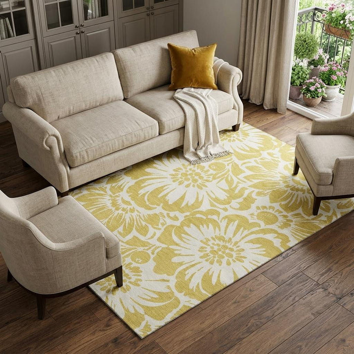 10' X 14' Floral Washable Area Rug With UV Protection (648646) - Gold / Ivory