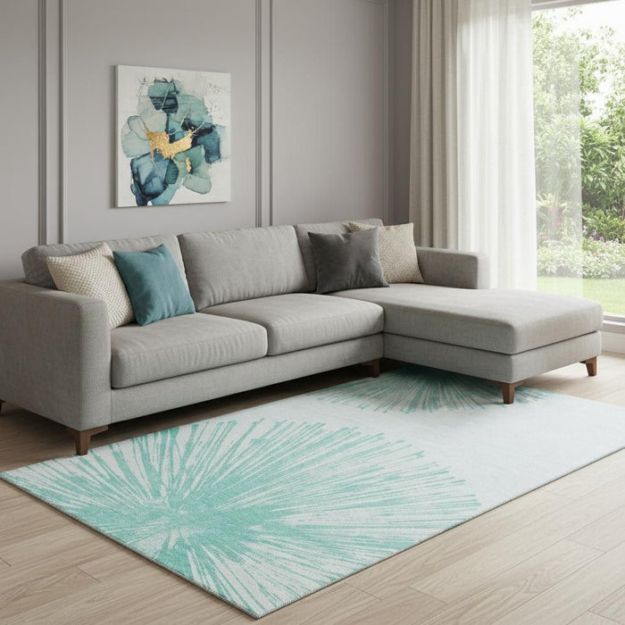 10' X 14' Abstract Washable Area Rug With UV Protection (653560) - Teal / Ivory