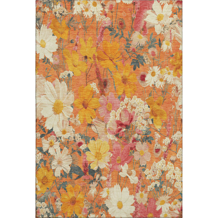 10' X 14' Floral Washable Area Rug With UV Protection (694122) - Orange / Ivory / Pink