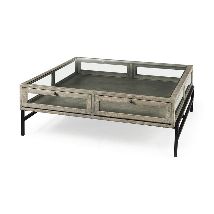 Gray and black glass and metal square coffee table with shelf, modern design, by HomeRoots.