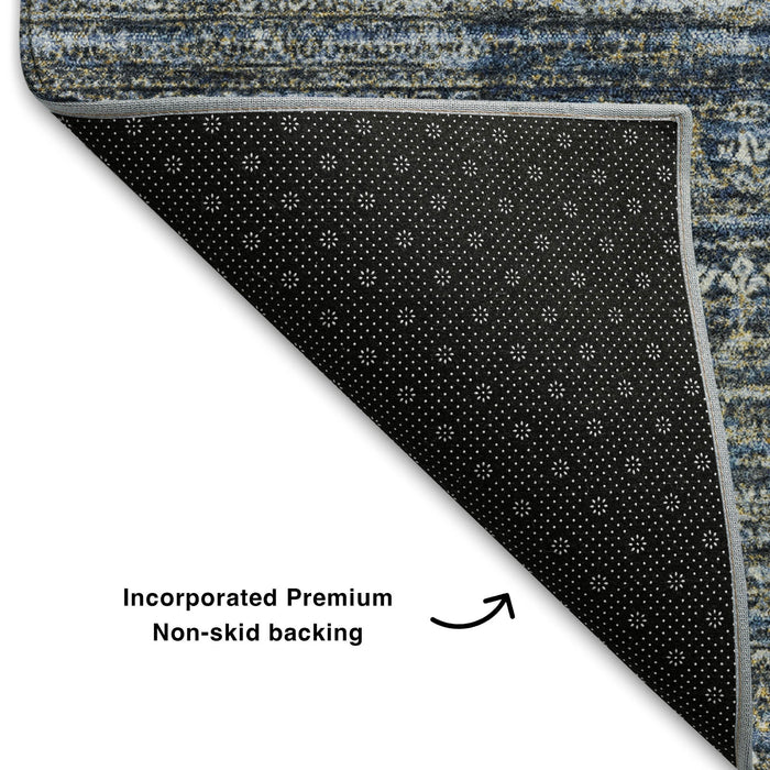 10' X 14' Striped Washable Area Rug With UV Protection (709750) - Denim Blue / Ivory / Khaki