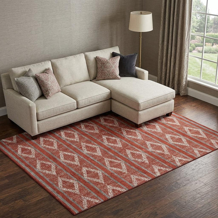 10' X 14' Geometric Washable Area Rug With UV Protection (680819) - Red / Ivory
